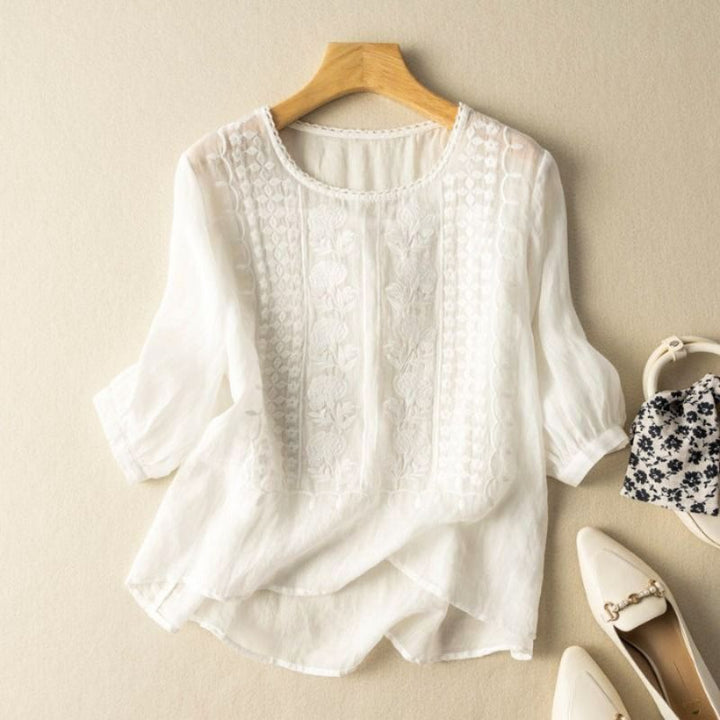 Relaxed Embroidered Blouse with Scoop Neckline and Three Quarter Sleeves