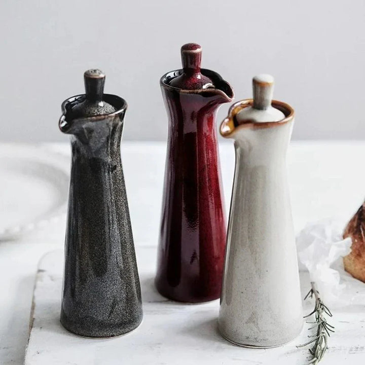Modern Glossy Ceramic Oil Dispenser With Easy-Grip Lid