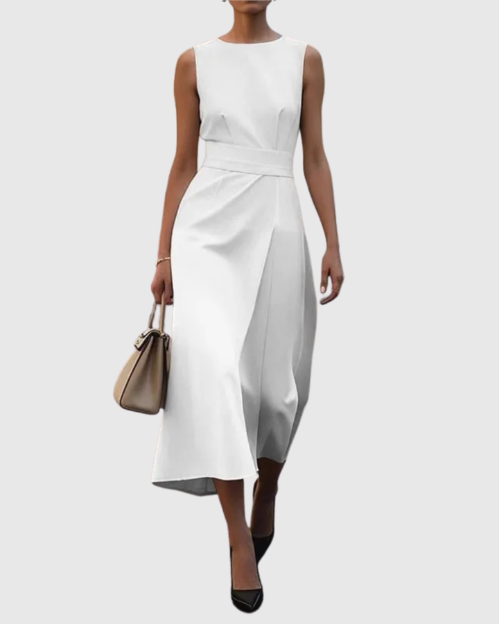 Sleeveless Midi Dress with Draped Waist and Asymmetric Hemline