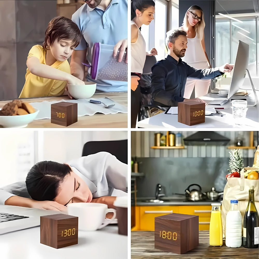 Minimalist Wood Grain LED Alarm Clock With Temperature Display