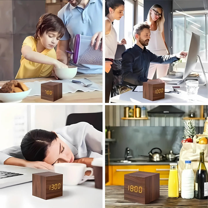 Minimalist Wood Grain LED Alarm Clock With Temperature Display