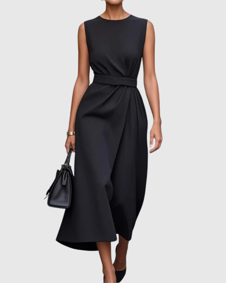 Sleeveless Midi Dress with Draped Waist and Asymmetric Hemline
