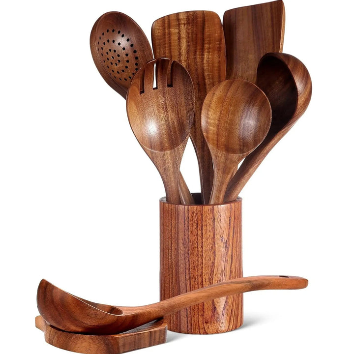 Rustic Wooden Kitchen Utensil Set with Holder