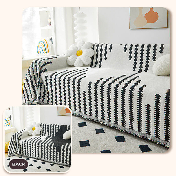 Chenille Couch Cover With Geometric Pattern and Fringed Edges