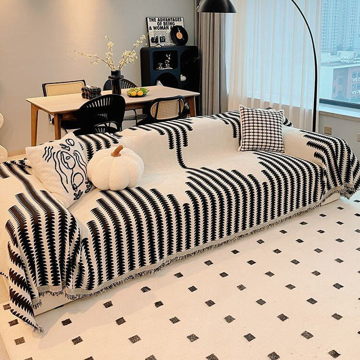 Chenille Couch Cover With Geometric Pattern and Fringed Edges