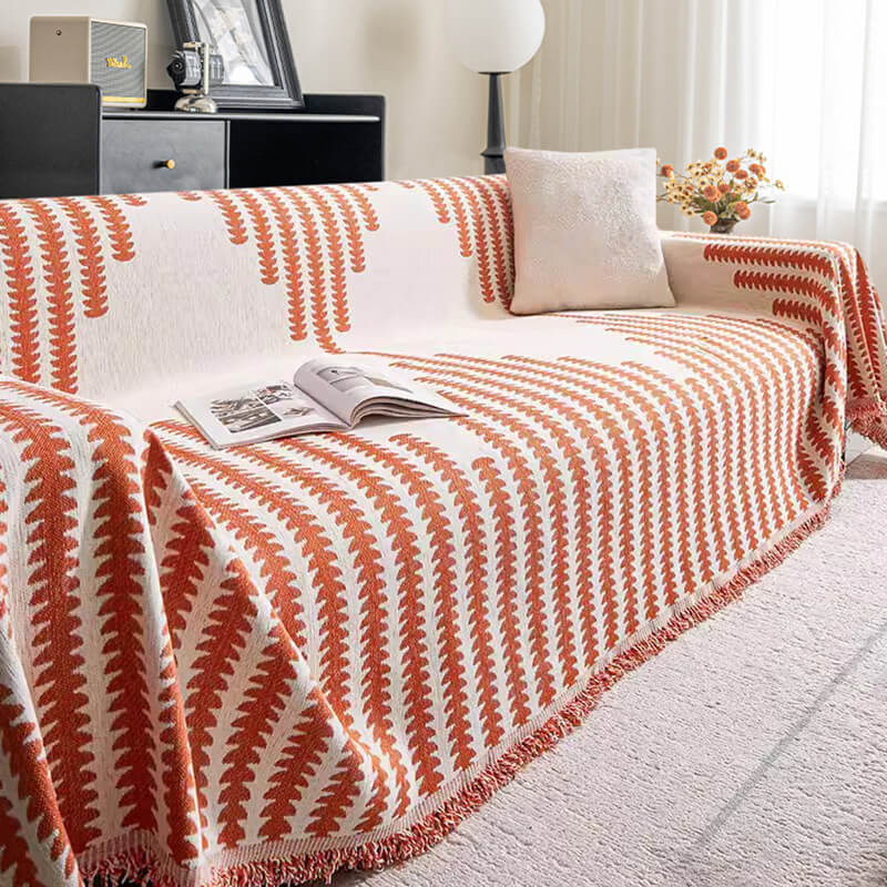 Chenille Couch Cover With Geometric Pattern and Fringed Edges