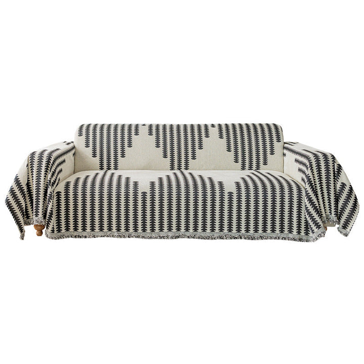 Chenille Couch Cover With Geometric Pattern and Fringed Edges
