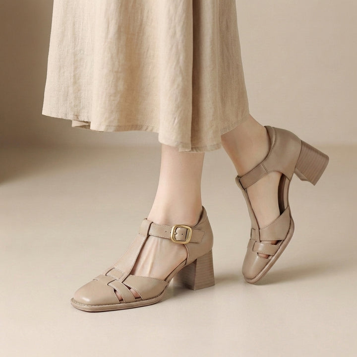 Classic T Strap Block Heel Pumps with Woven Vamp Detail
