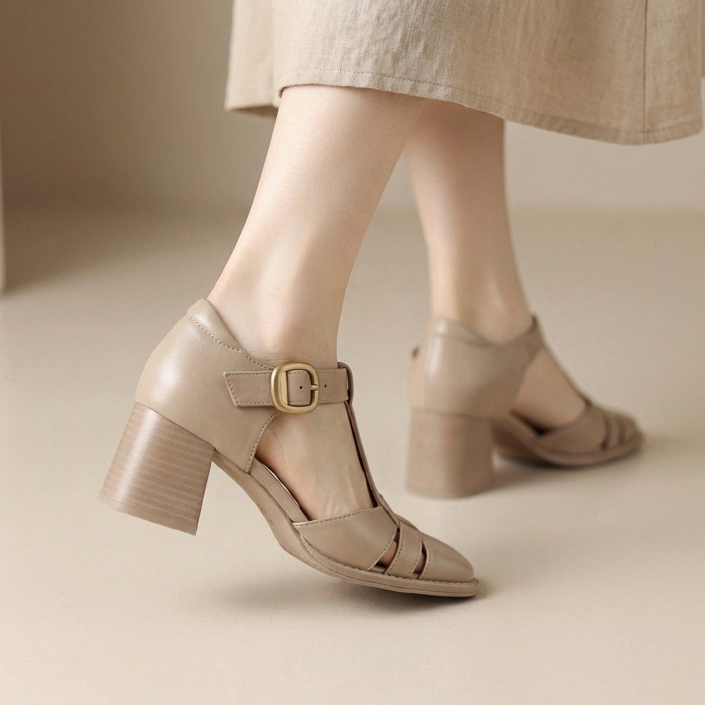 Classic T Strap Block Heel Pumps with Woven Vamp Detail