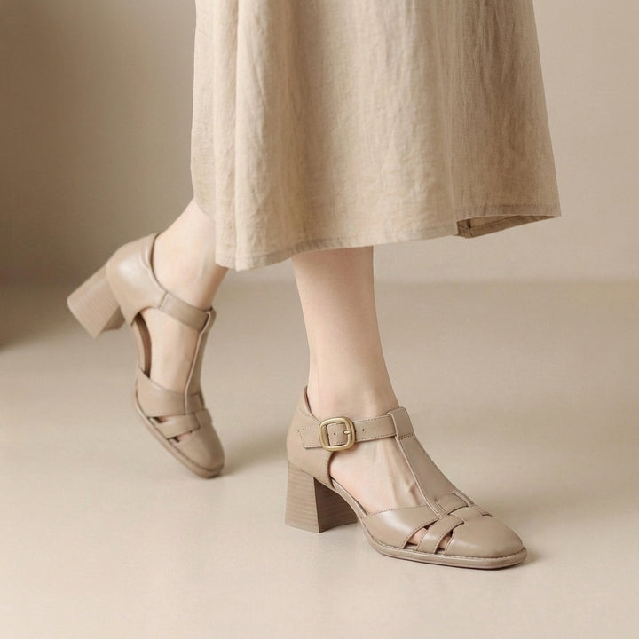 Classic T Strap Block Heel Pumps with Woven Vamp Detail