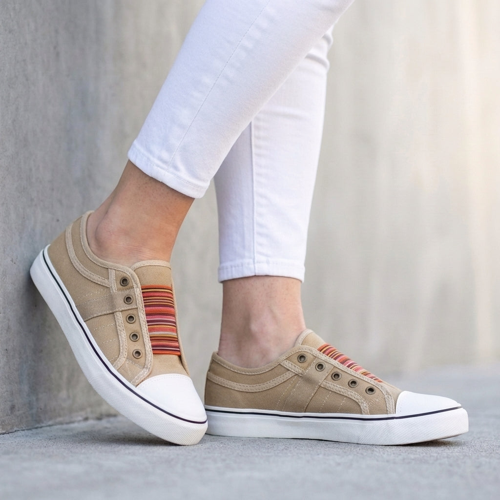 Striped Slip-On Canvas Sneakers with Contrast Toe Cap Detail