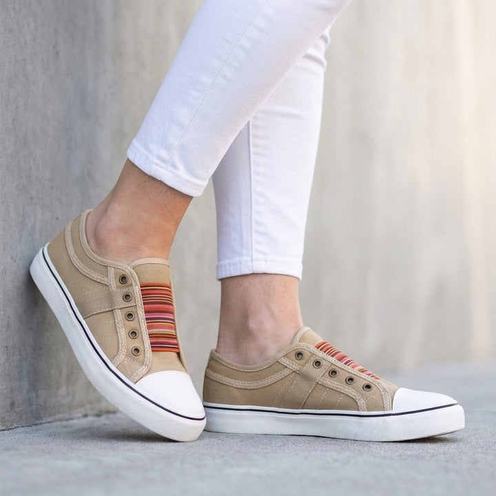 Striped Slip-On Canvas Sneakers with Contrast Toe Cap Detail
