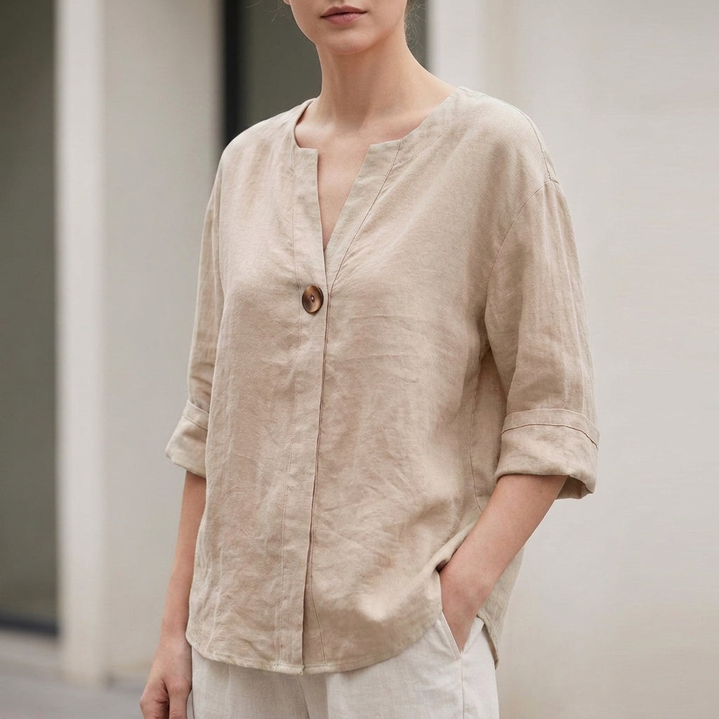 Relaxed Linen Blend Blouse with Statement Button Detail