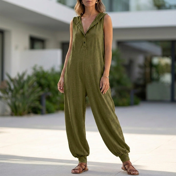 Relaxed Sleeveless Jumpsuit with Henley Neckline and Tapered Leg