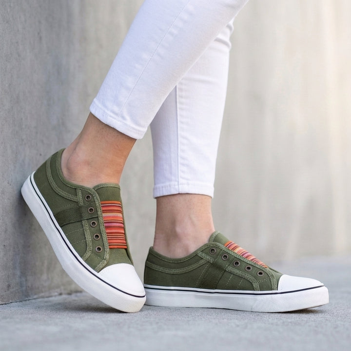 Striped Slip-On Canvas Sneakers with Contrast Toe Cap Detail