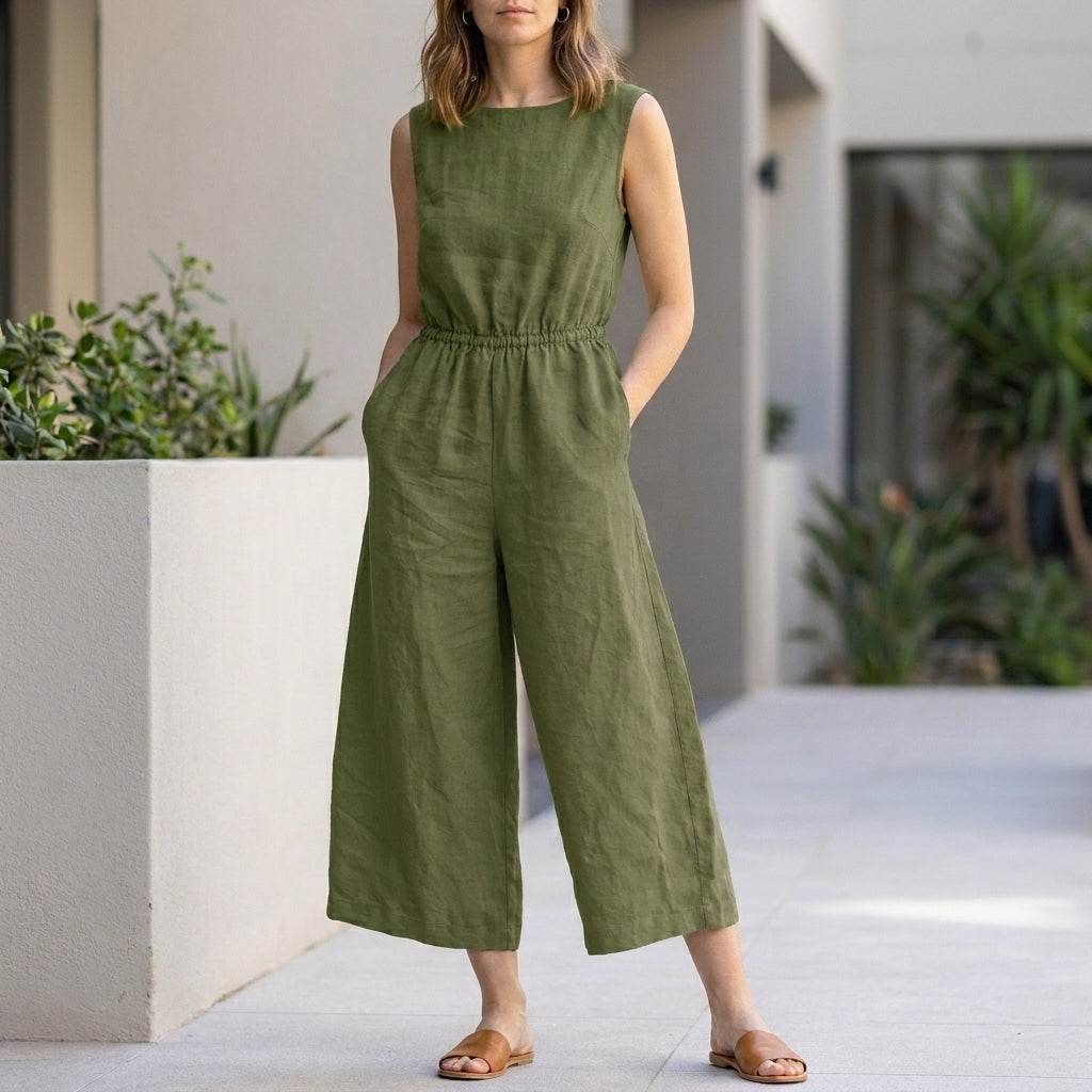 Sleeveless Wide-Leg Jumpsuit with Elastic Waist and Pockets