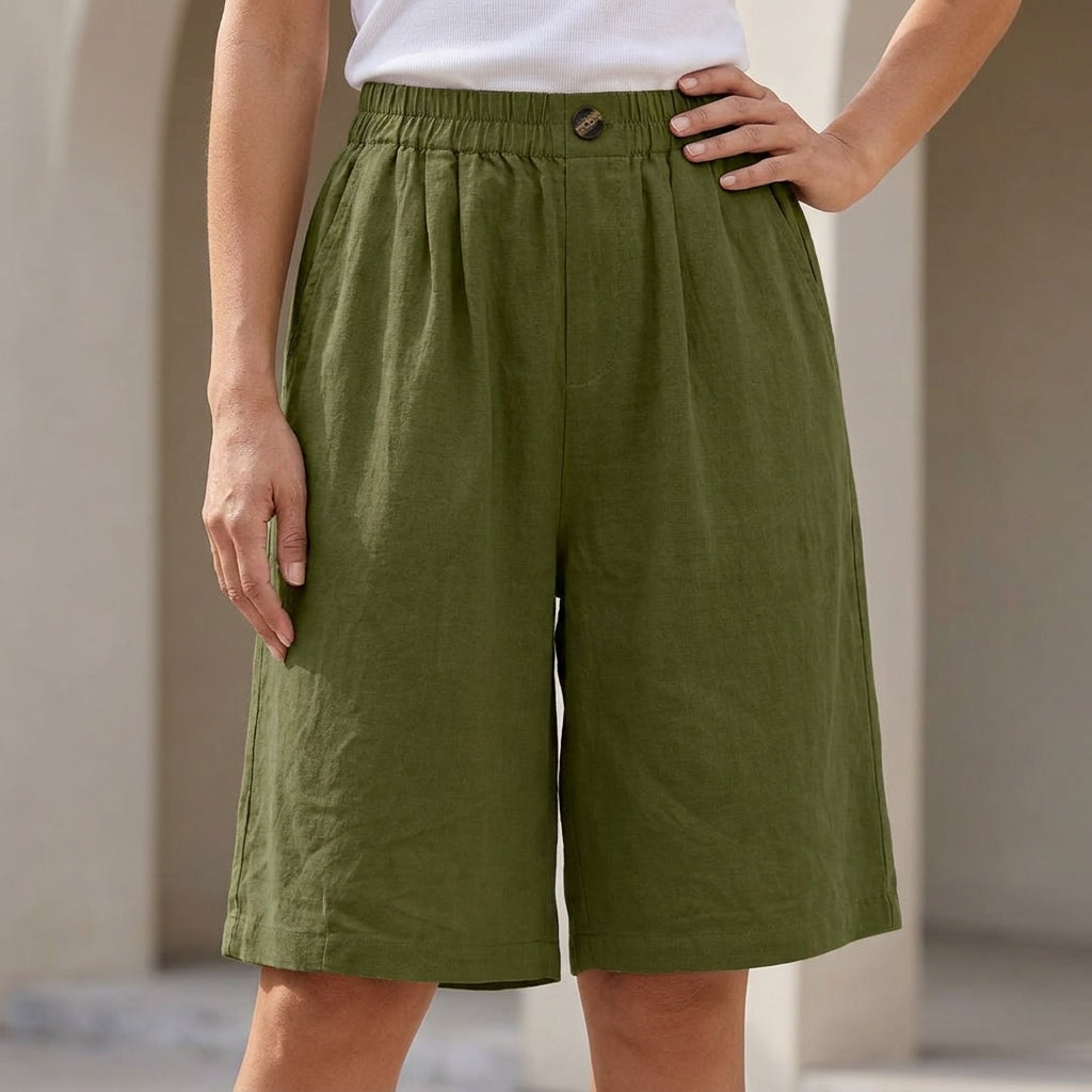 Relaxed Bermuda Shorts with Elastic Waistband and Side Pockets