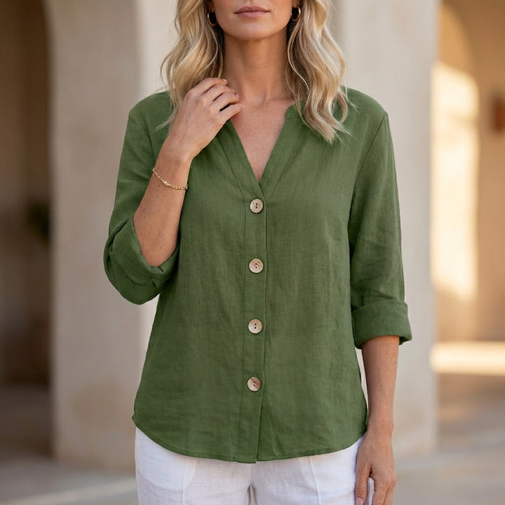 Relaxed Button Front Blouse with Rolled Sleeves and Split Neckline