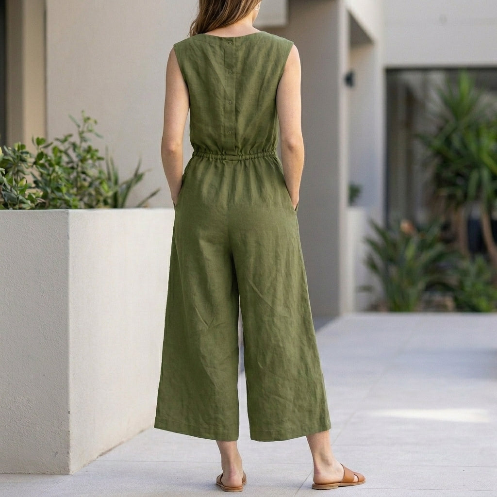 Sleeveless Wide-Leg Jumpsuit with Elastic Waist and Pockets