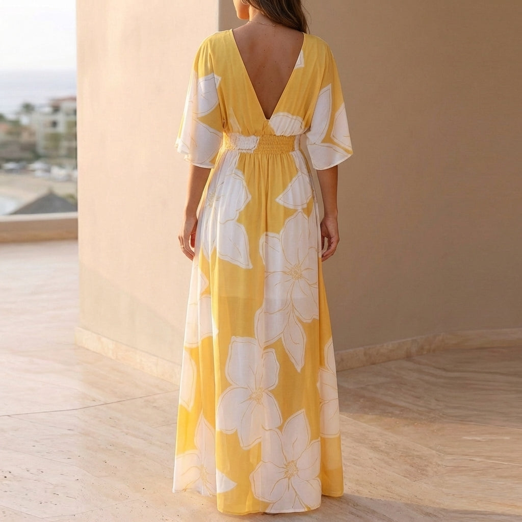 Flowing Floral Maxi Dress with V Neckline and Smocked Waist