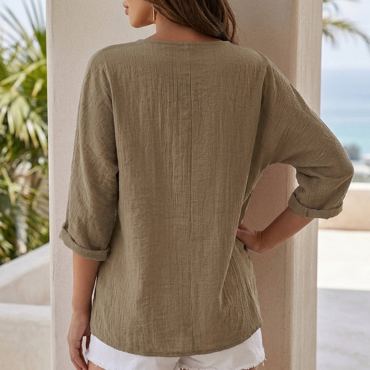 Relaxed V Neck Button Front Blouse with Rolled Sleeves
