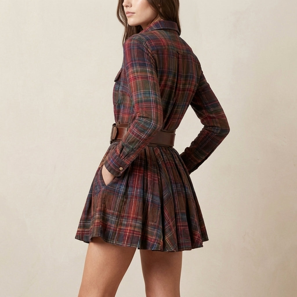 Belted Plaid Shirt Dress with Pleated Skater Silhouette