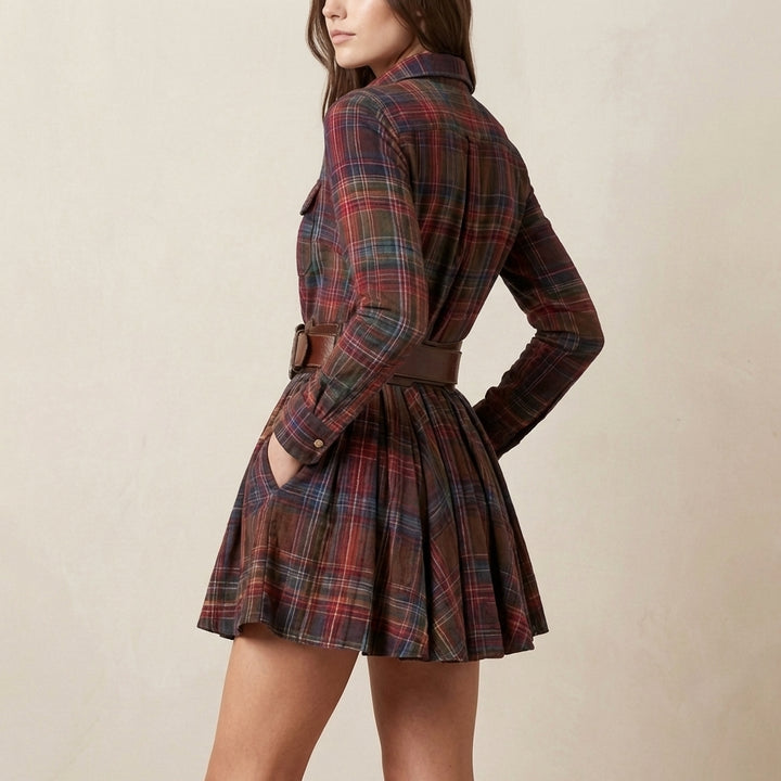 Belted Plaid Shirt Dress with Pleated Skater Silhouette