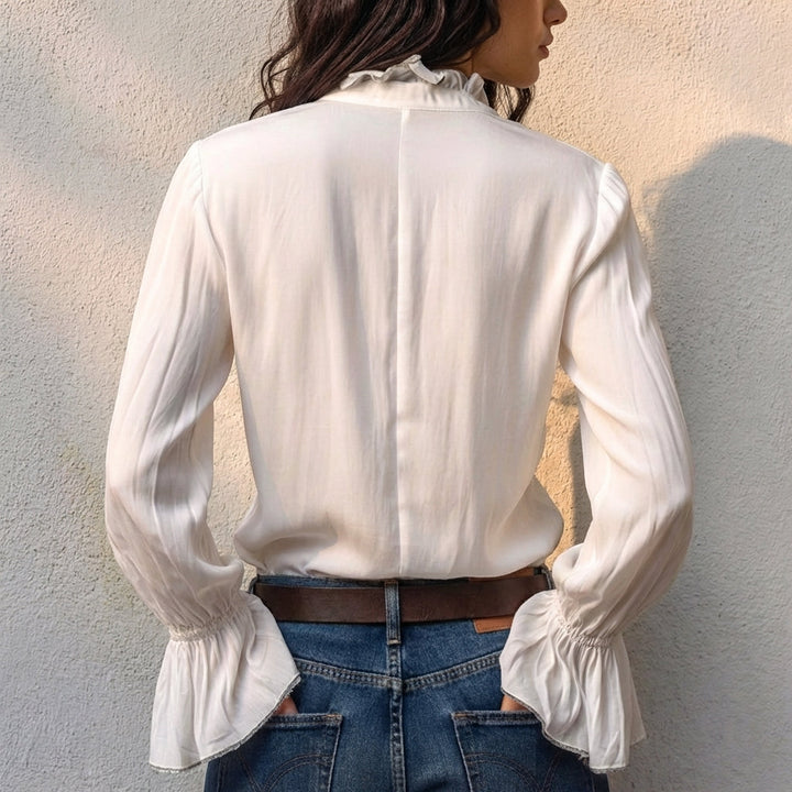 Fitted Blouse with Ruffled High Neck and Bell Sleeves