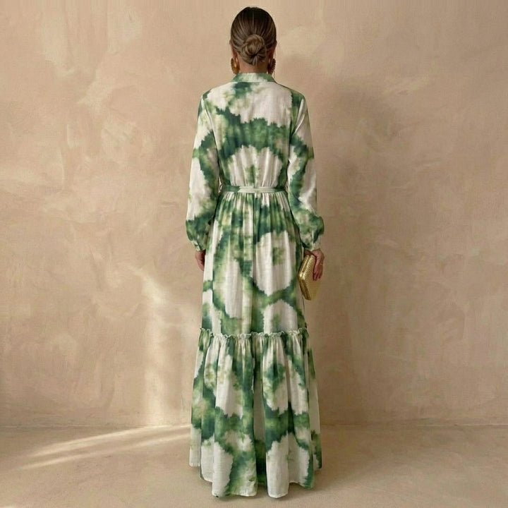 Flowing Maxi Dress with V-Neck, Drawstring Waist, and Tiered Ruffles