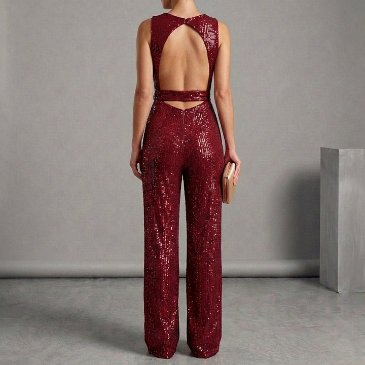 Sequin-Embellished Wide-Leg Jumpsuit with Self-Tie Belt