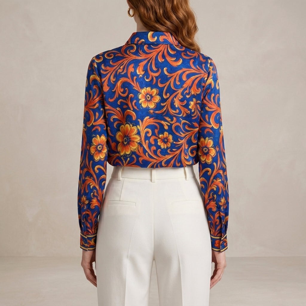 Ornate Floral Button Up Blouse with Tailored Collar and Long Sleeves