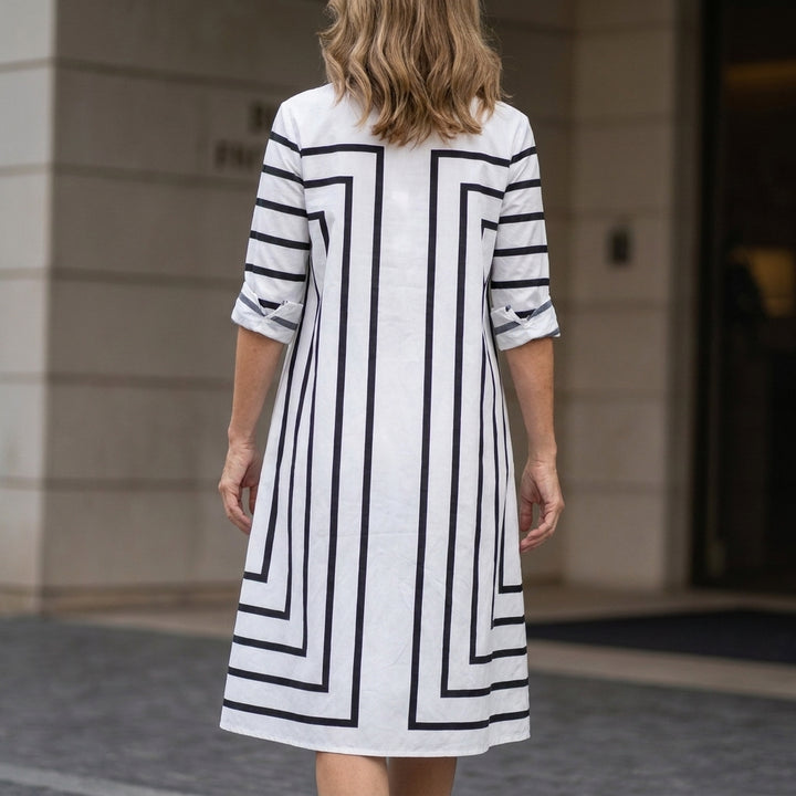 Relaxed Fit Geometric Stripe Midi Shirt Dress with Classic Collar