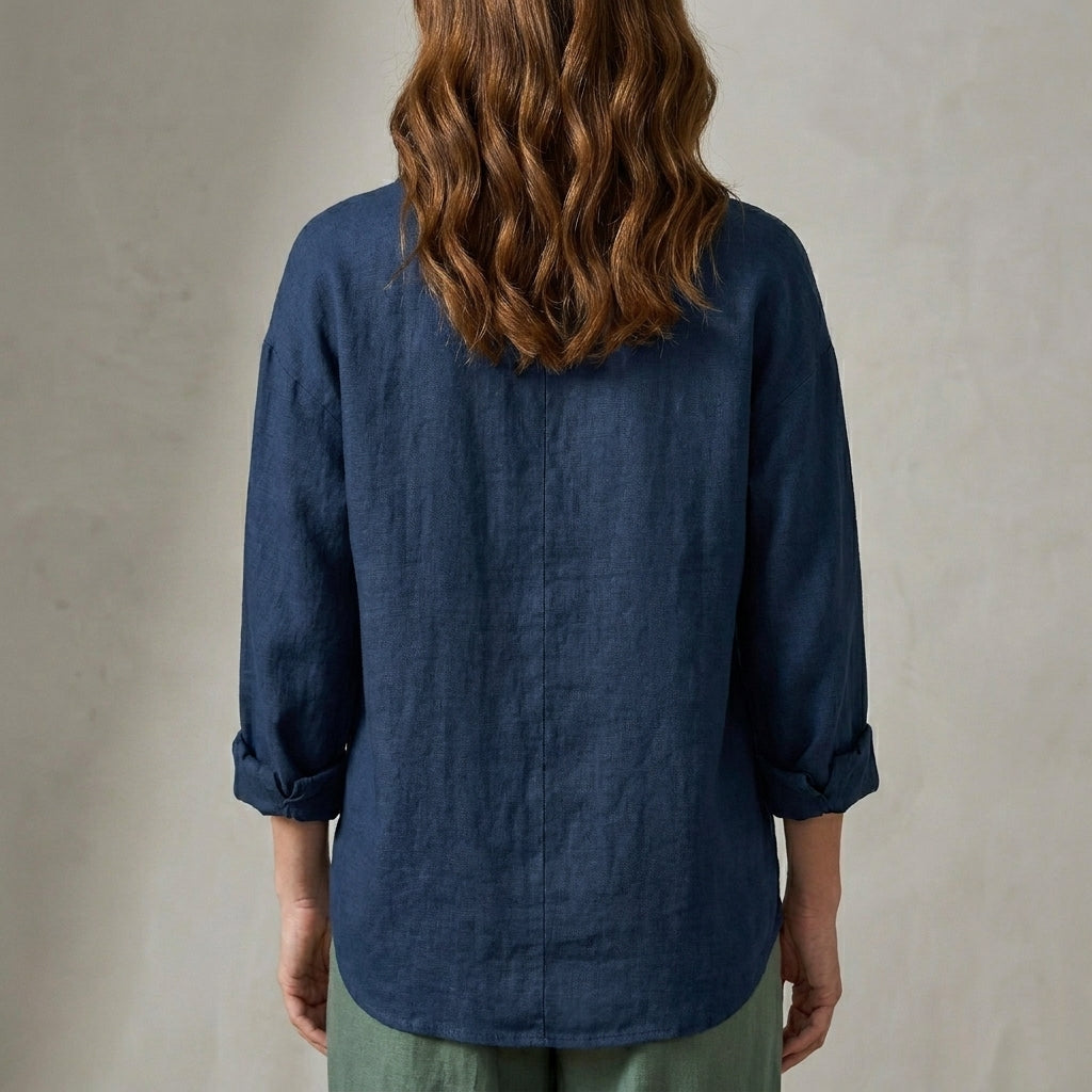 Relaxed Fit Blouse with Soft V Neck and Pocket Detail