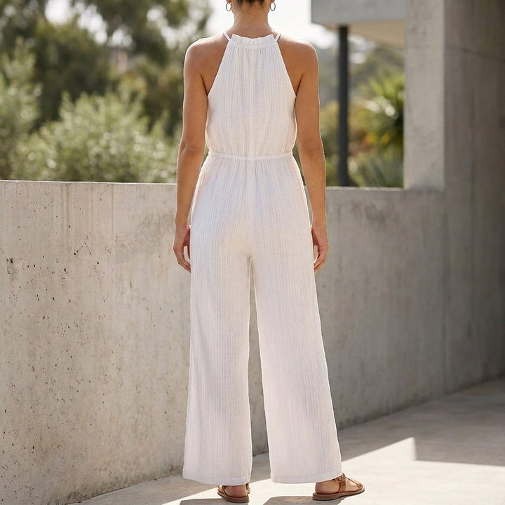 Halter Neck Wide-Leg Jumpsuit with Tasseled Drawstring Waist