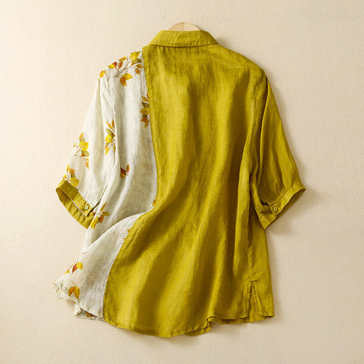 Floral Colorblock Linen Blend Button-Up Shirt with Relaxed Silhouette