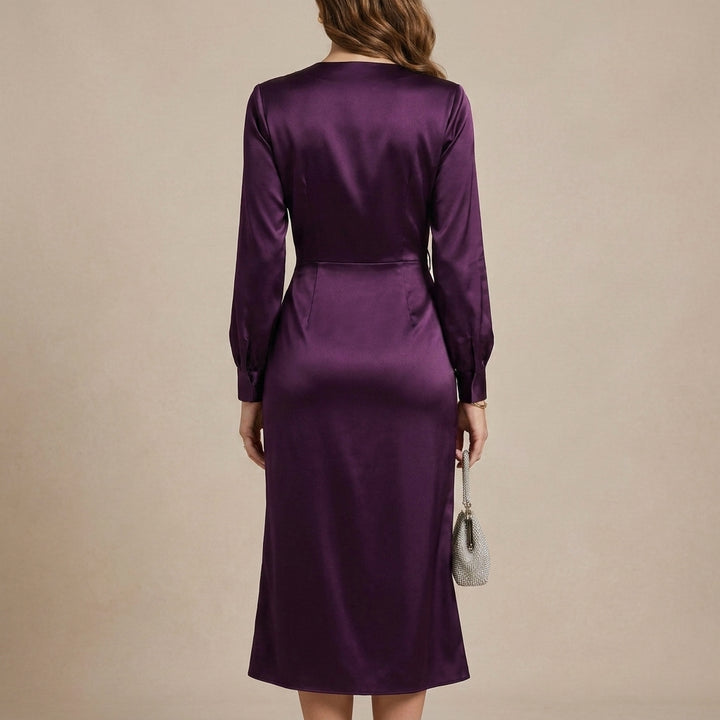 Wrap Midi Dress with Ruched Waist and Cuffed Sleeves