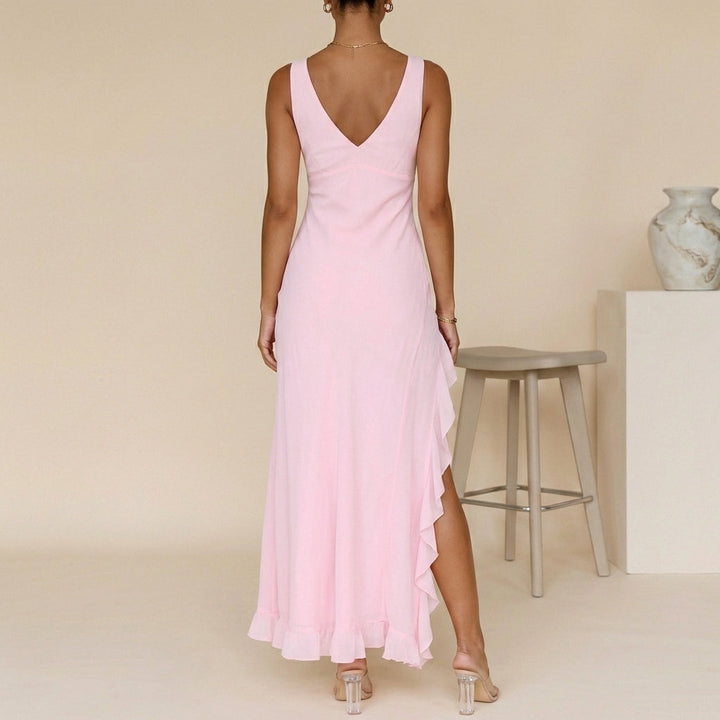 Chiffon Fitted V-Neck Maxi Dress with Ruffle-Trimmed Split and Asymmetrical Hem