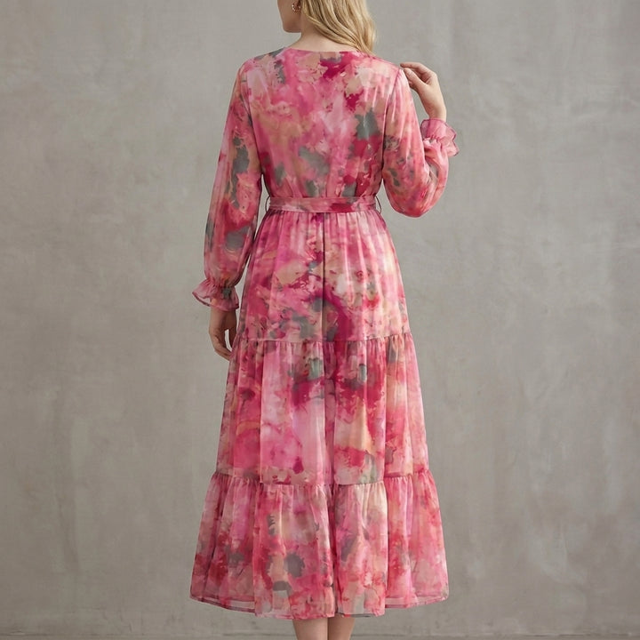 Watercolor Floral Wrap Midi Dress with Tiered Skirt and Waist Tie
