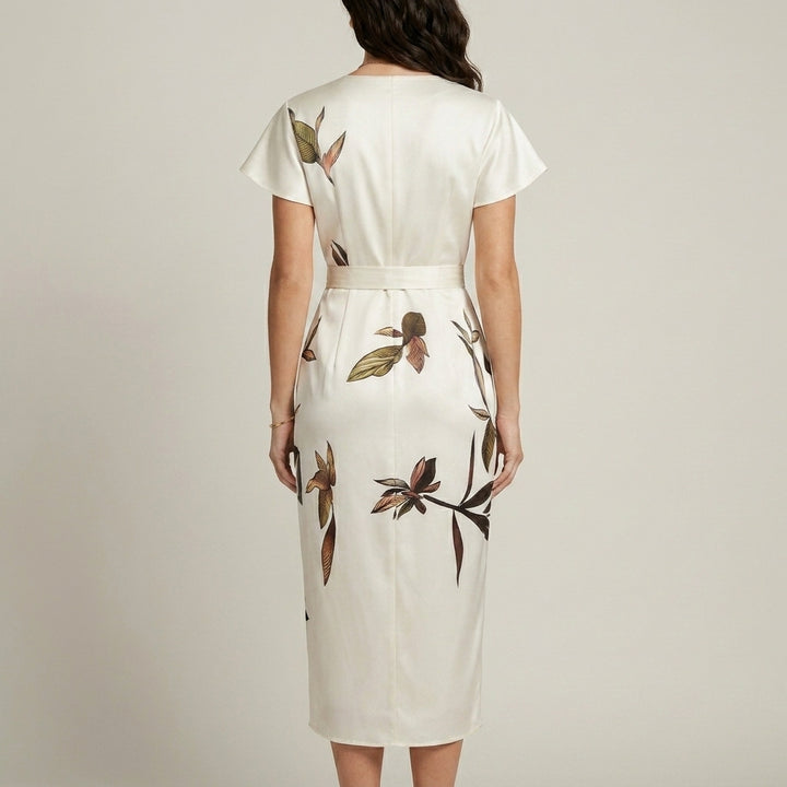 Floral Print Wrap Midi Dress with Tie Waist and Tulip Hem