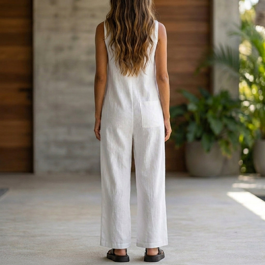 Sleeveless Wide-Leg Overalls with Plunging Collar and Patch Pockets