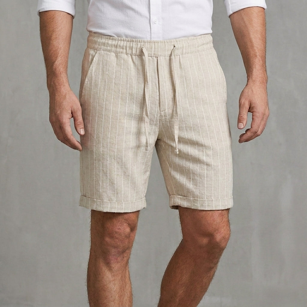 Relaxed Pinstripe Drawstring Shorts with Rolled Hem Detail