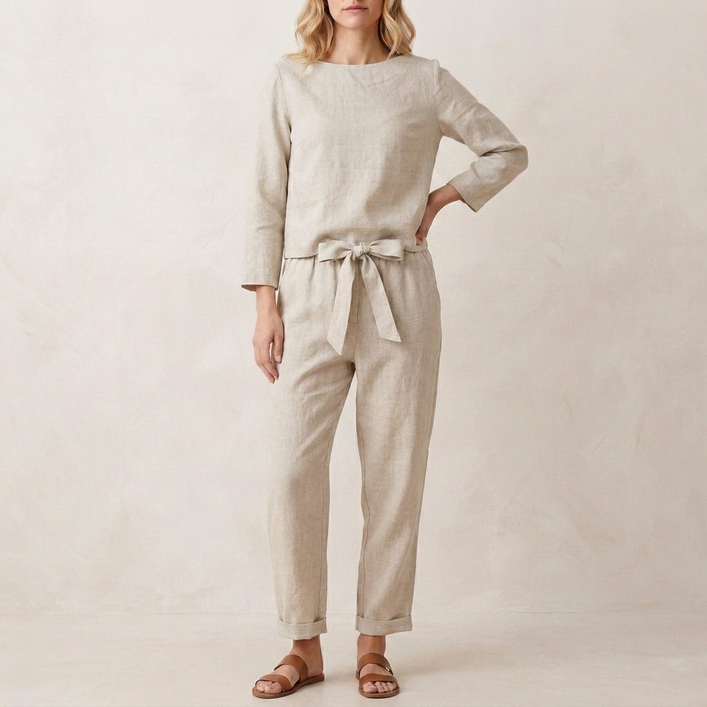 Relaxed Linen Blend Two Piece Set with Tie Waist Trousers