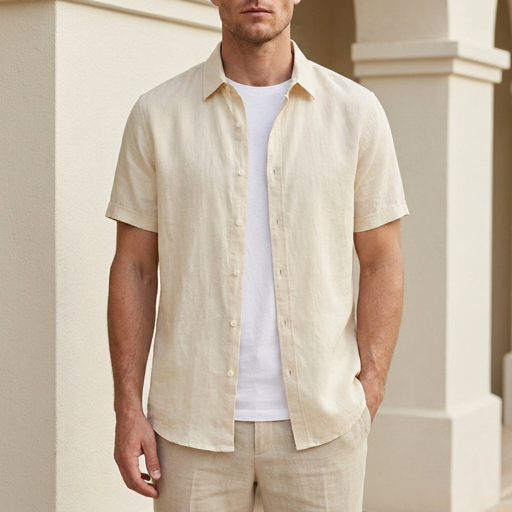Relaxed Short Sleeve Button Front Shirt with Rolled Cuffs