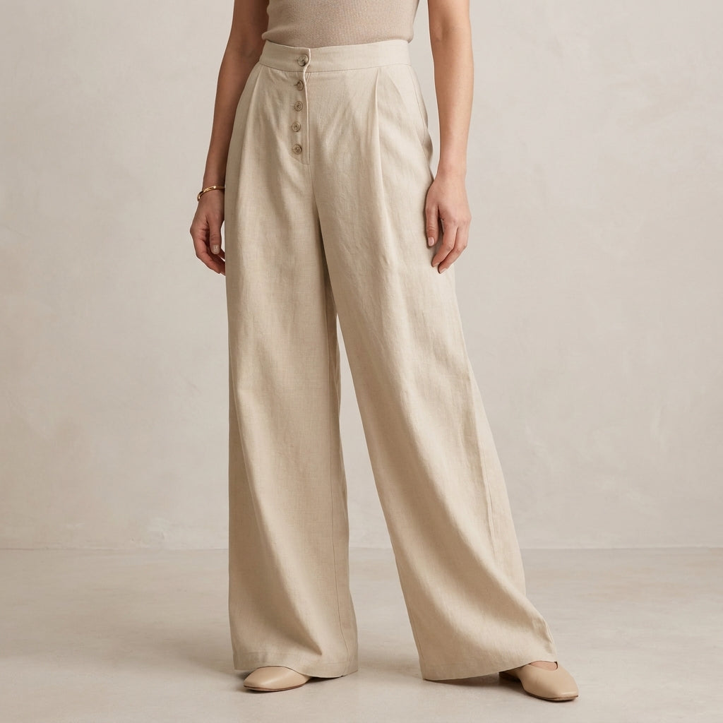 High Waist Wide Leg Trousers with Button Front Detail