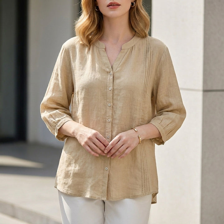 Relaxed Fit Blouse with Pintuck and Band Collar