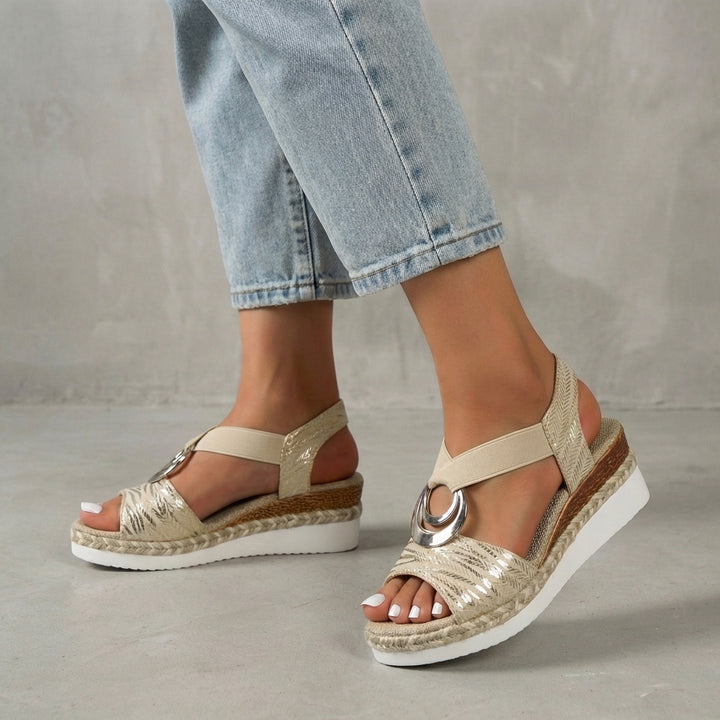 Metal Accent Slingback Wedge Sandals with Textured Cross Straps