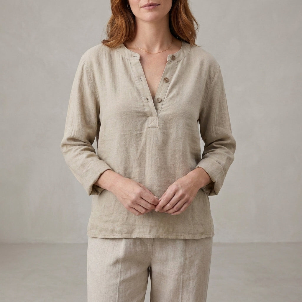 Relaxed Henley Blouse with Notched Neckline and Button Detail