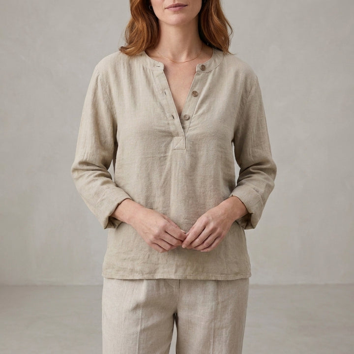 Relaxed Henley Blouse with Notched Neckline and Button Detail