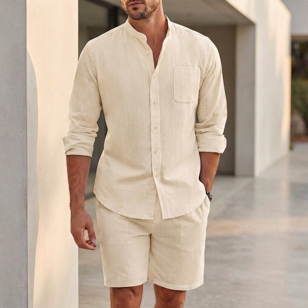 Relaxed Two-Piece Set with Band Collar Shirt and Tailored Shorts