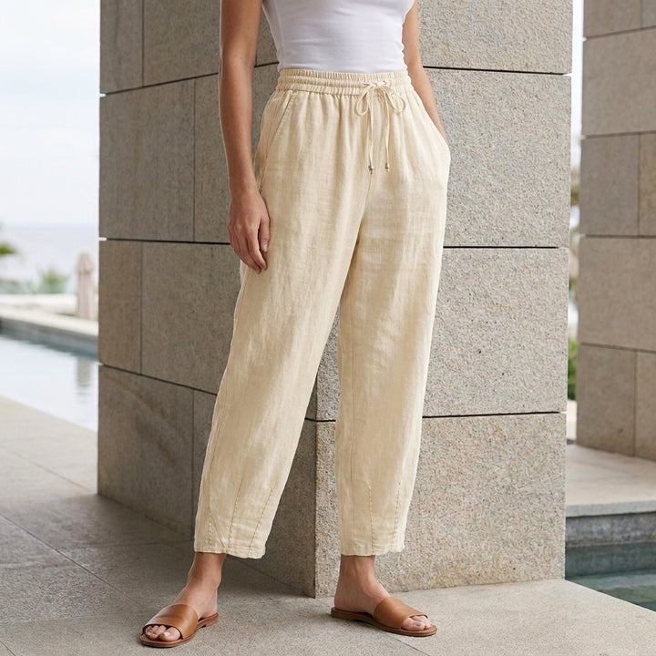 Relaxed Cropped Pants with Gathered Waist and Side Slits